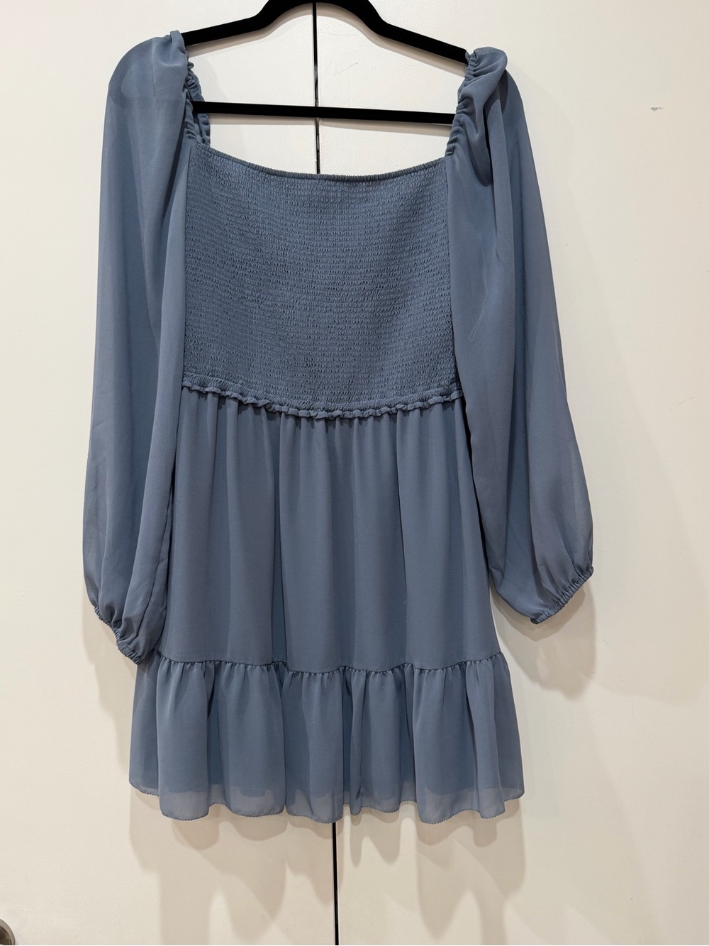 Aritzia Wilfred Tempest Mini Dress Smocked Chiffon Blue Long Sleeve Size M
